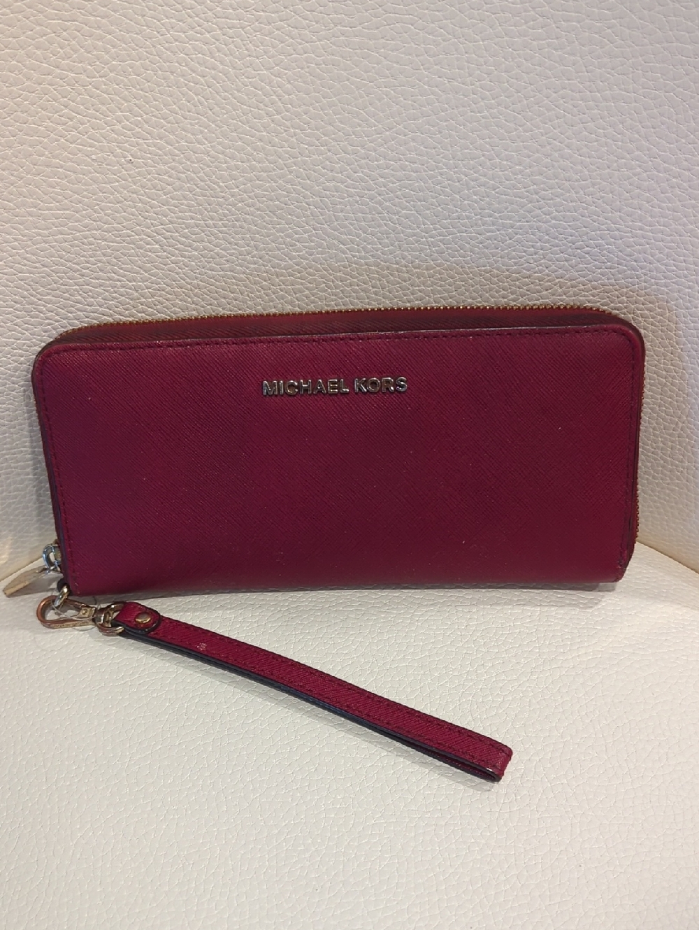 Michael Kors Saffiano Leather Zip Wristlet in Berry Red